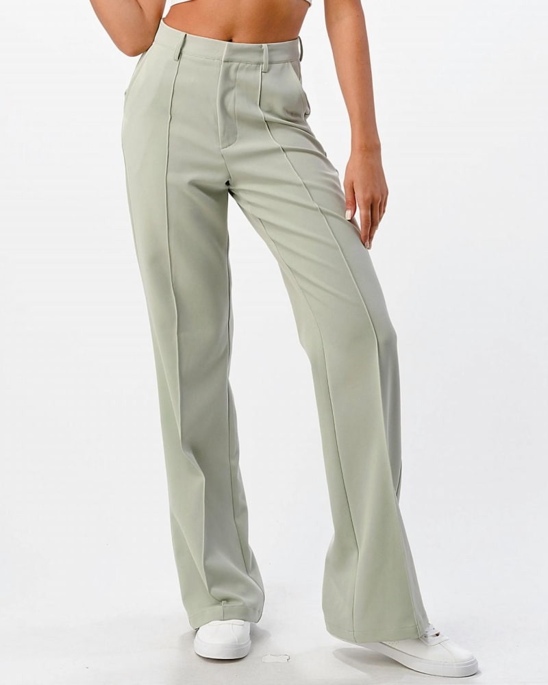 Front of a model wearing a size L Front Seam Wide Leg Pants in Sage in Sage by MNI Los Angeles. | dia_product_style_image_id:339277